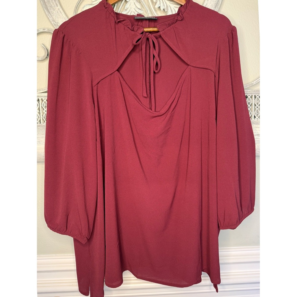 Lane Bryant Womens Burgundy Keyhole Cutout Tie Neck Blouse Size 24 Plus EUC